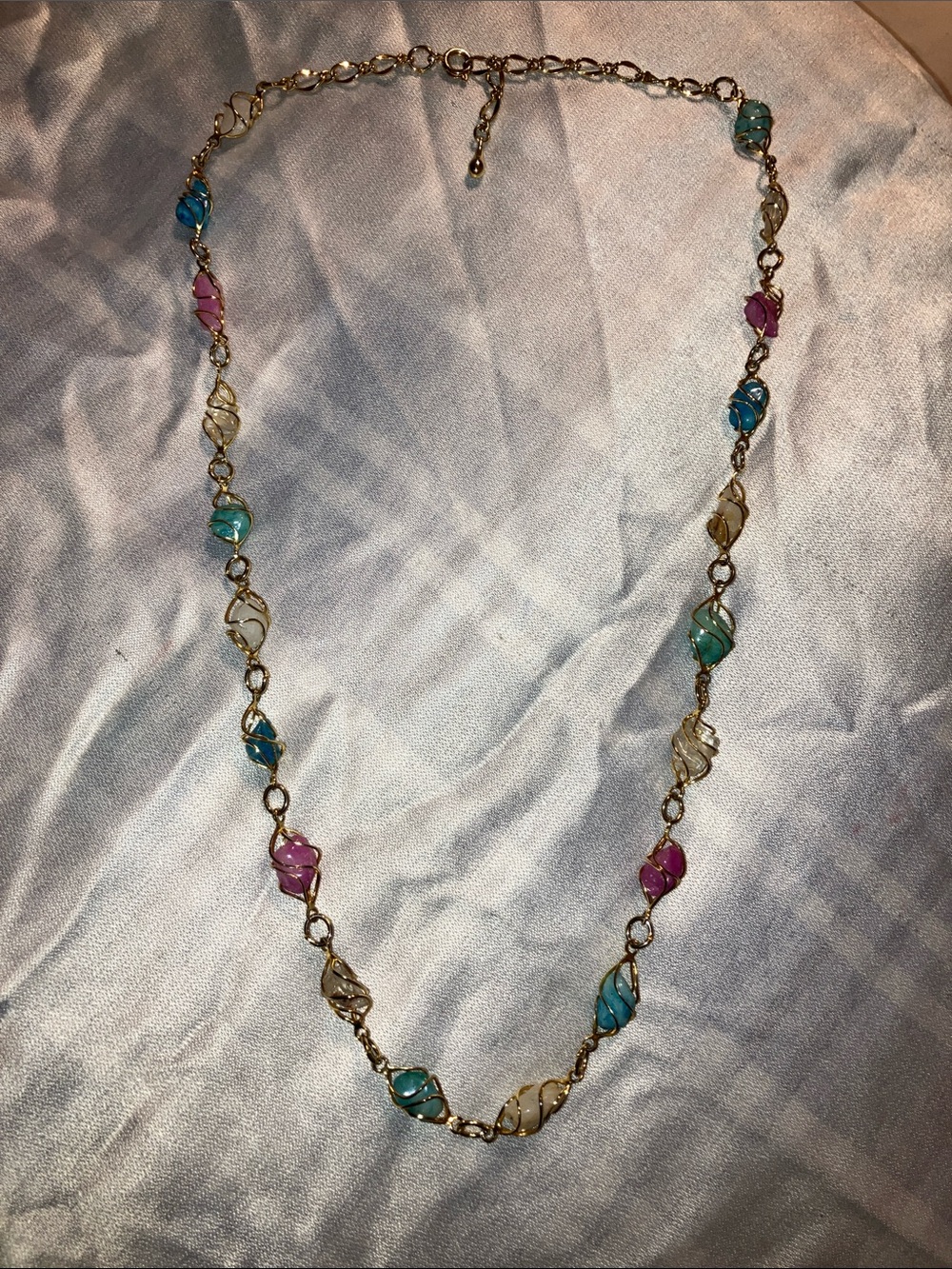 Gold-Tone Multicolor Bead Link Necklace — Pink, Turquoise & Cream Accents